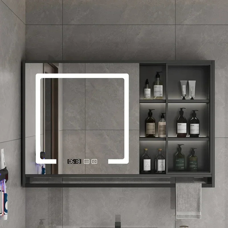Smart Bathroom Storage Mirror Cabinets with Towel Rod Wall Standing Closet Light Mirror Cabinets Organizador Bathroom Furniture