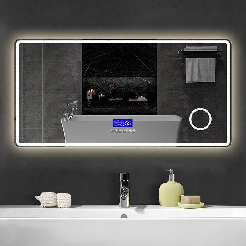 Smart Bathroom Mirror, Toilet, Washroom, Wall Mounted, LED Light Mirror, Anti Fog, Defogging, Bathroom Mirror, with Time Display