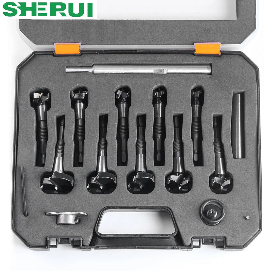 A Set of 10 Woodworking Hole-Making Tools Including Threaded Enlarging Drills and Extended Woodworking Hole-Making Drill Bits