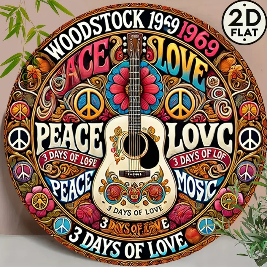 Home Decor,Retro Peace and Love Design with Guitar and Flowers, Home Decor - New Year's, Valentine'S Day, Music Decor