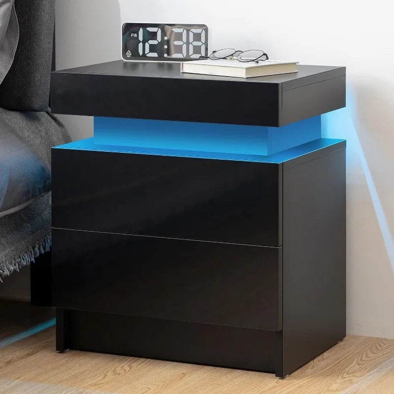 Living Room LED Nightstand Black Night Stand Led Lights Modern Nightstand 2 High Gloss Drawers Bedside Table Smart Bedroom