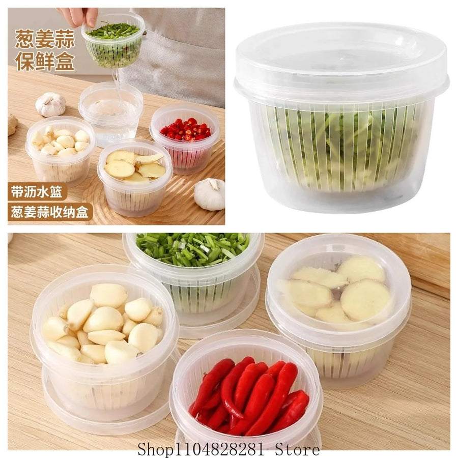 Kitchen onion, ginger, garlic circular storage box, household portable refrigerator with lid, fruit storage box, food drain box