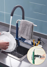 Kitchen Sink Organizer Telescopic Sink Shelf Soap Sponge Holder Towel Hanger Sink Drain Rack With Drainer Basket Kitchen Gadgets