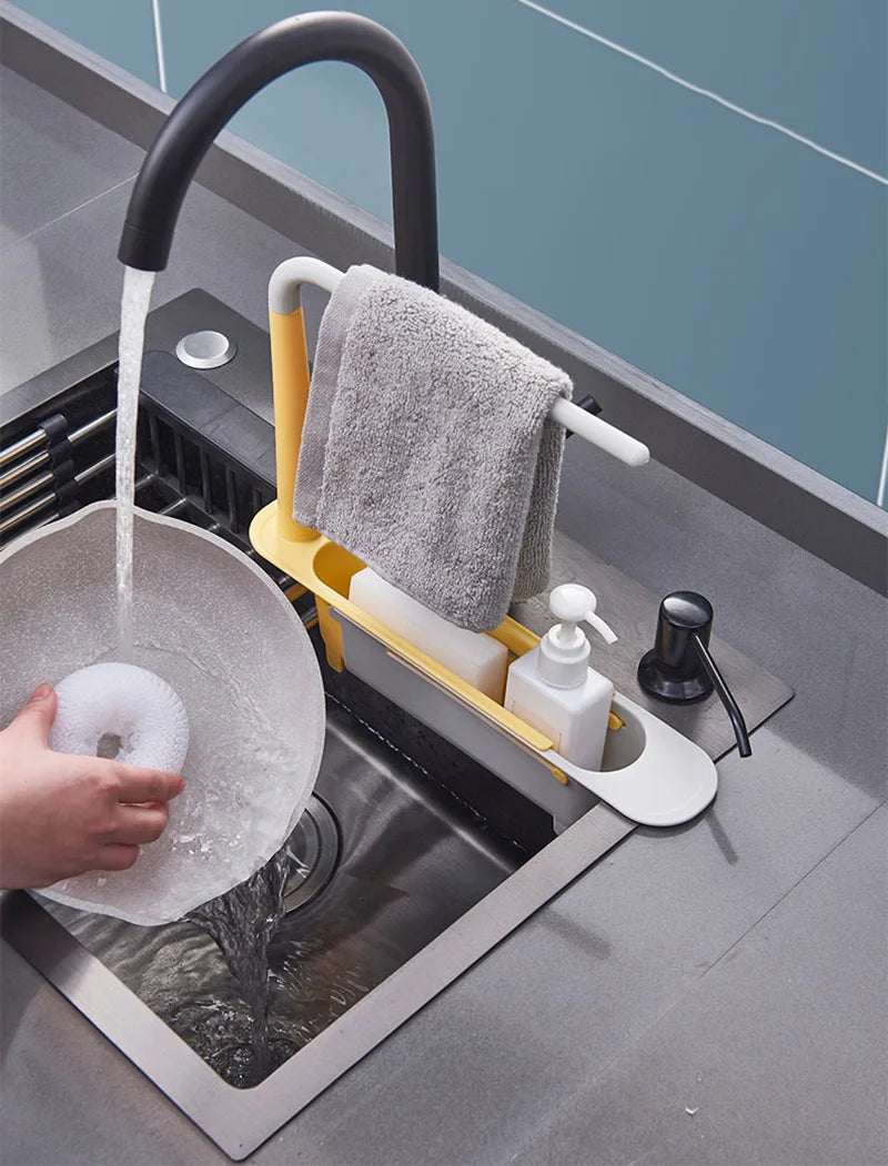 Kitchen Sink Organizer Telescopic Sink Shelf Soap Sponge Holder Towel Hanger Sink Drain Rack With Drainer Basket Kitchen Gadgets