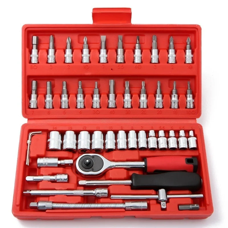 46 Pieces / Set Car Repair Tool Set Household Hand Tool Kit Wrench Screwdriver Socket Carbon Steel Combination Set + Tool Box
