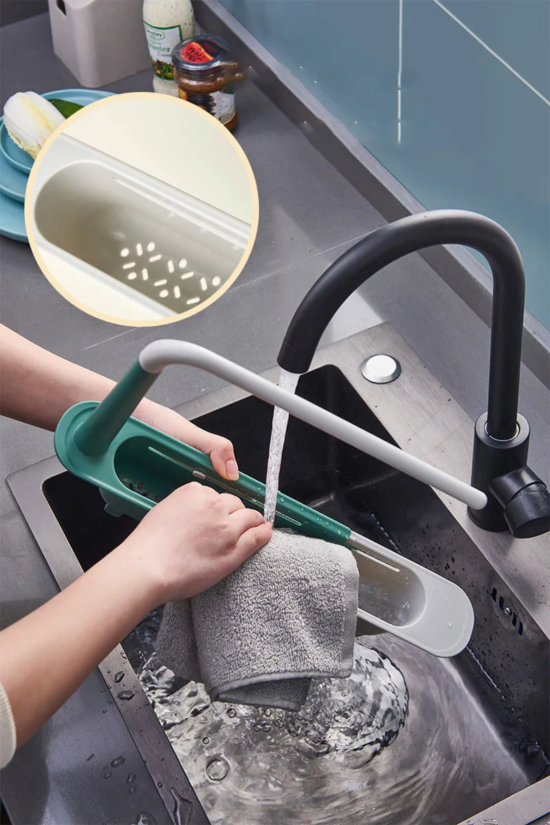 Kitchen Sink Organizer Telescopic Sink Shelf Soap Sponge Holder Towel Hanger Sink Drain Rack With Drainer Basket Kitchen Gadgets