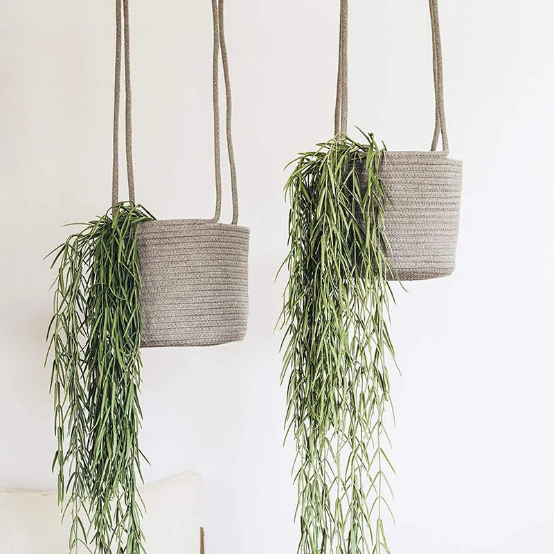 Garden Hanging Planter Woven Plant Storage Basket Indoor Outdoor Flower Holder Home Balcony Ornaments Flower Pot Patio Decor