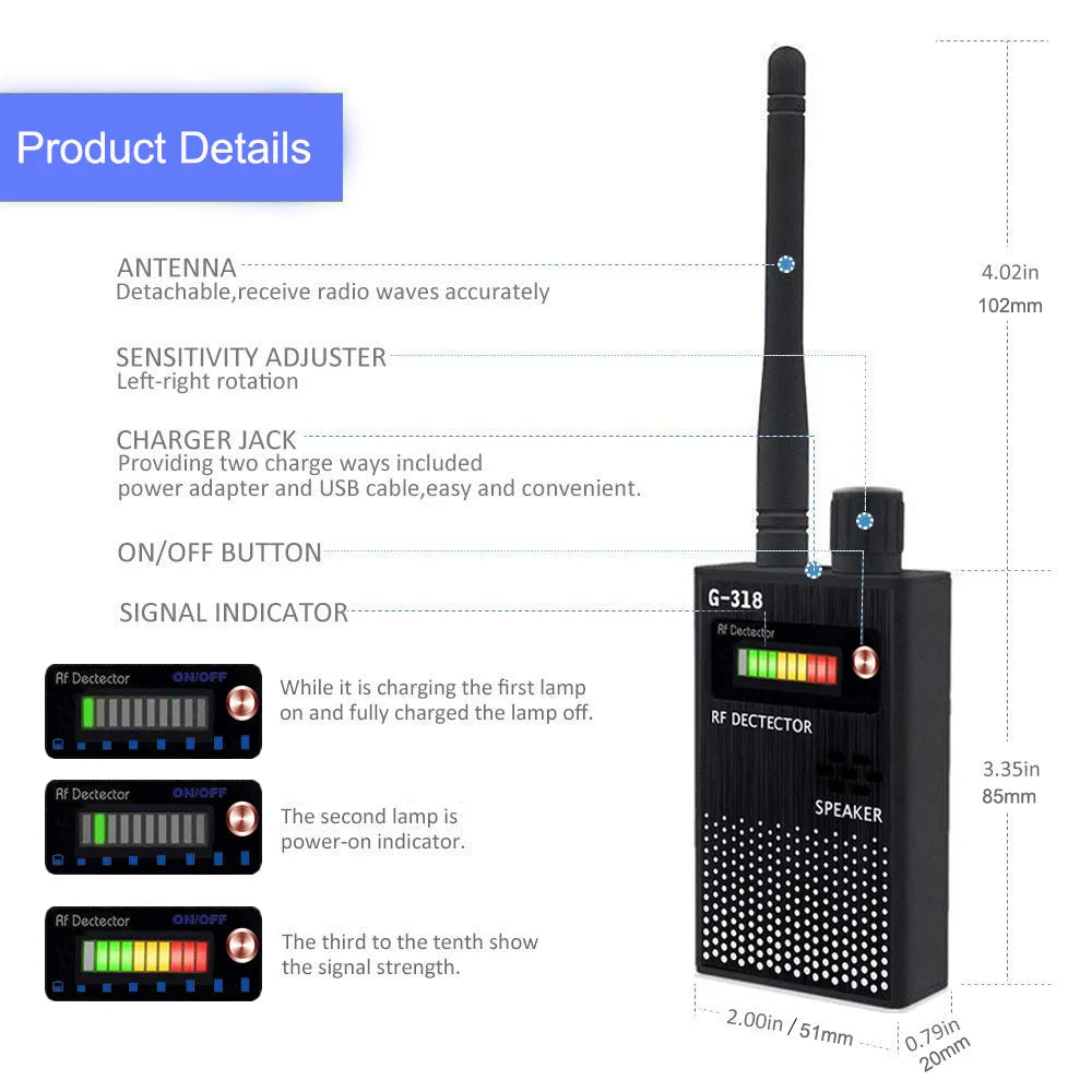 Professional Anti-Spy Detector Wireless RF Signal Finder WiFi GSM Bug Spy-Camera Eavesdropping GPS Tracker Signal Devices Detect
