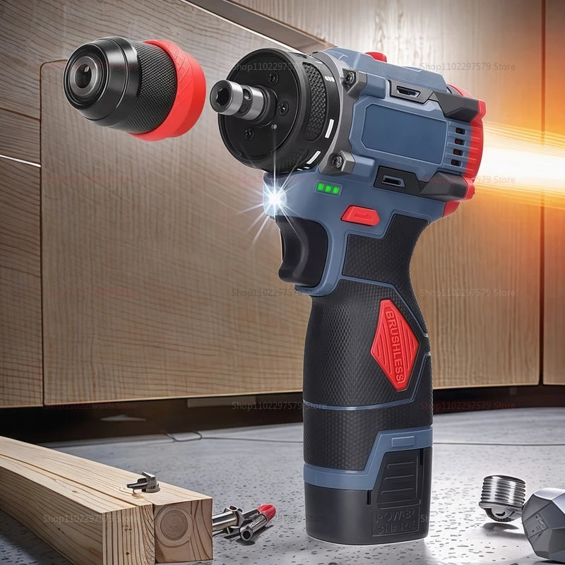 2 in 1 Lithium Brushless Cordless Drill and Electric Screwdriver Multi-Function Power Tool for Home Renovation Furniture Assembl