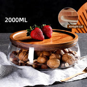 Glass Food Storage Container with Wooden Lid Multi Compartment Snack Fruit Organizer Kitchen Living Room Desktop Serving Tray