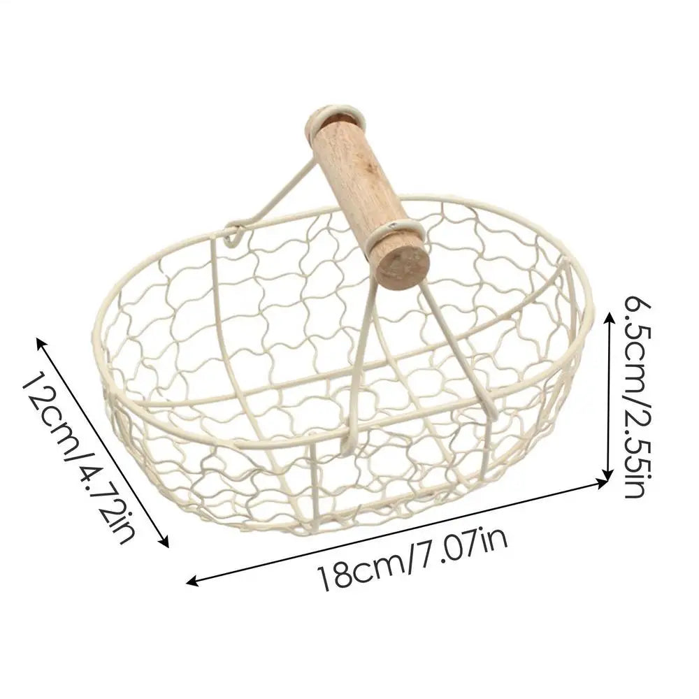 Kitchen Egg Storage Basket Creative Fruit Basket Retro Iron Snack Bread Vegetable Storage Container Holder With Wooden Handle
