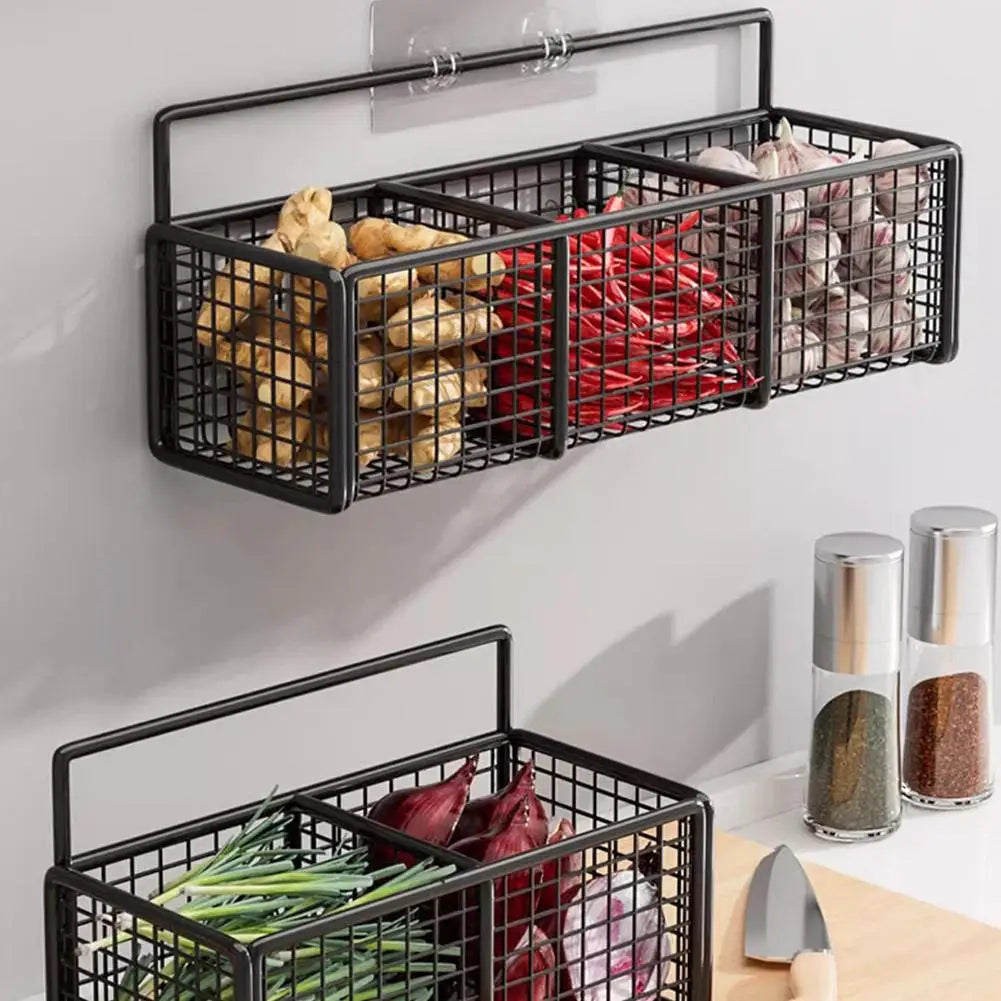 Kitchen Wall Mounted Storage Rack Onion Ginger Garlic Condiments Spice Shelf Punch-Free Vegetable Fruit Drain Basket