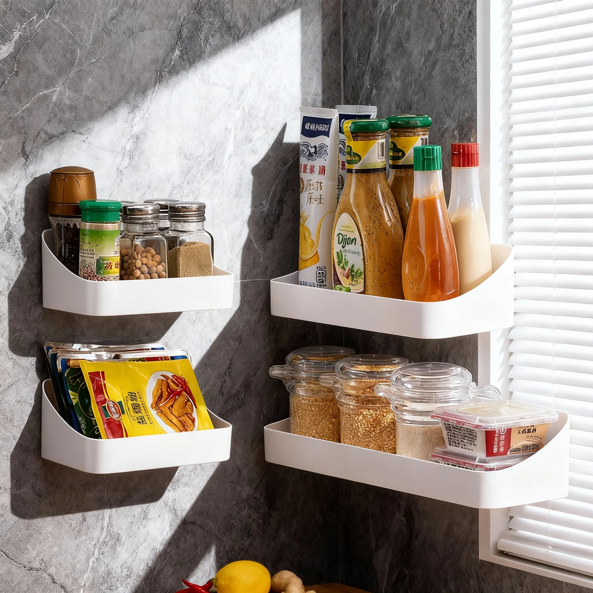 Kitchen Organizer Large Capacity Spice Jar Storage Holder Multifunctional Self-adhesive Wall Mounted Plastic Storage Rack