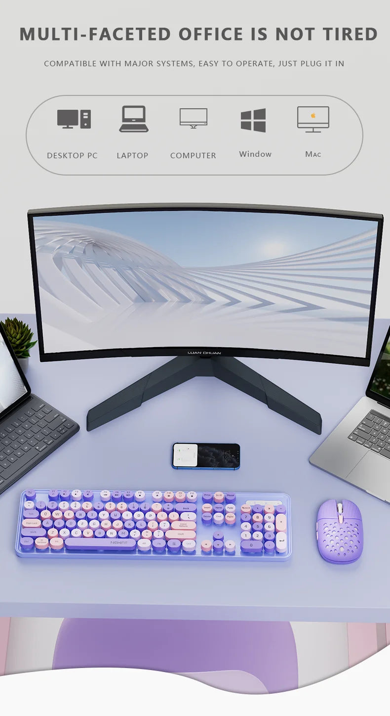 Cute 104Keys Retro Round Keycap 2.G Wireless Gaming Keyboard Mouse Combo Ergonomic Keyboard With Multimedia function keys
