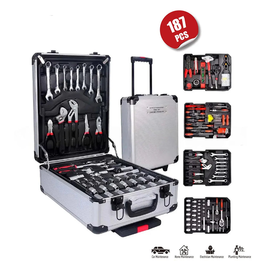 Wheeled Trolley Tool Sets,187Pcs Aluminum Trolley Case Tool Set Silver, Car Mechanics Repair Kit Set, Household Hand Tool Set