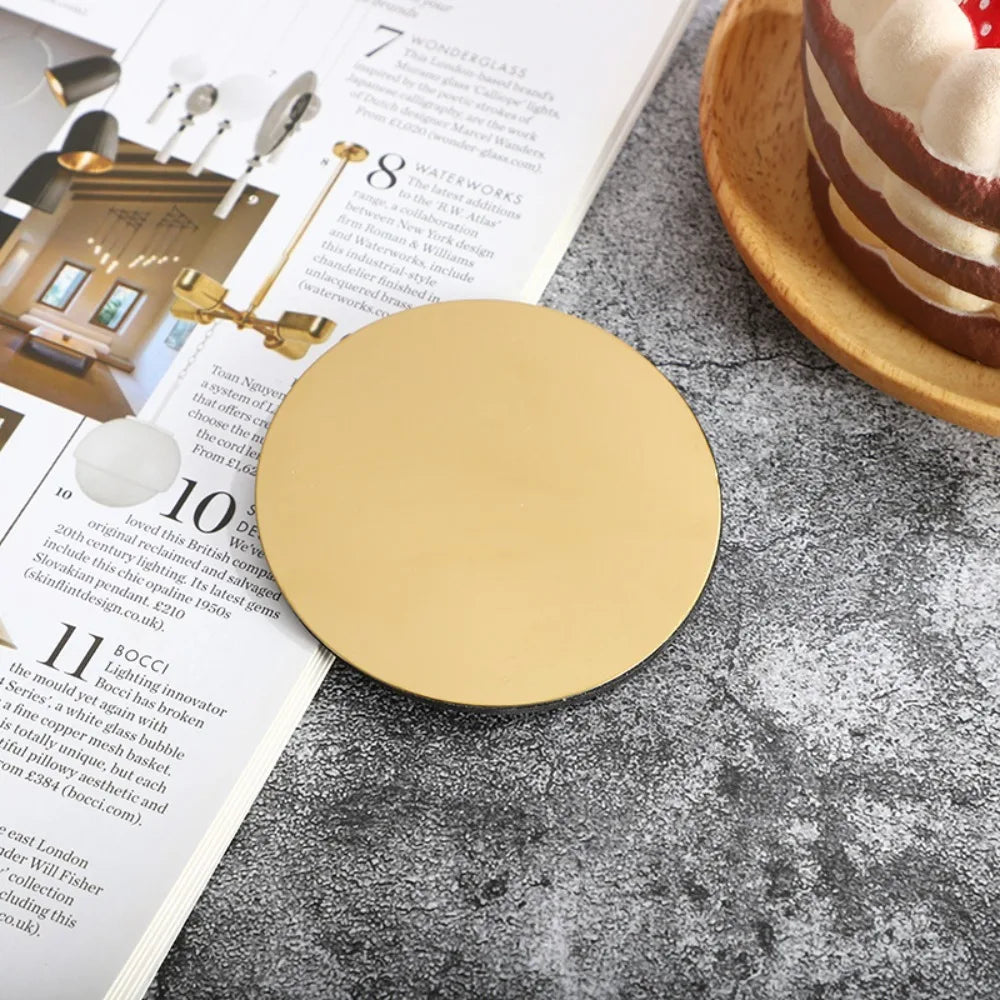 Kitchen Gadgets Round Gold Stainless Steel Coaster Set Mirror-like With Holder Drink Pad Scald-proof Insulated Cup Mat Tabletop