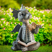 Garden Reading Book Little Dragon Sculpture Cute Dragon Statues Resin Dragon Sculptures Art Ornament for Lawn Yard Home Decor