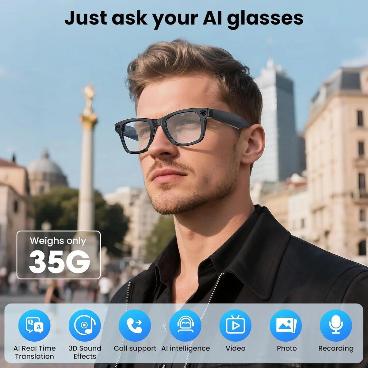 New 8 Million Pixels Camera Smart Glasses Recording Videos AI Photo Recognition Answer Translation Waterproof Blue light Glasses