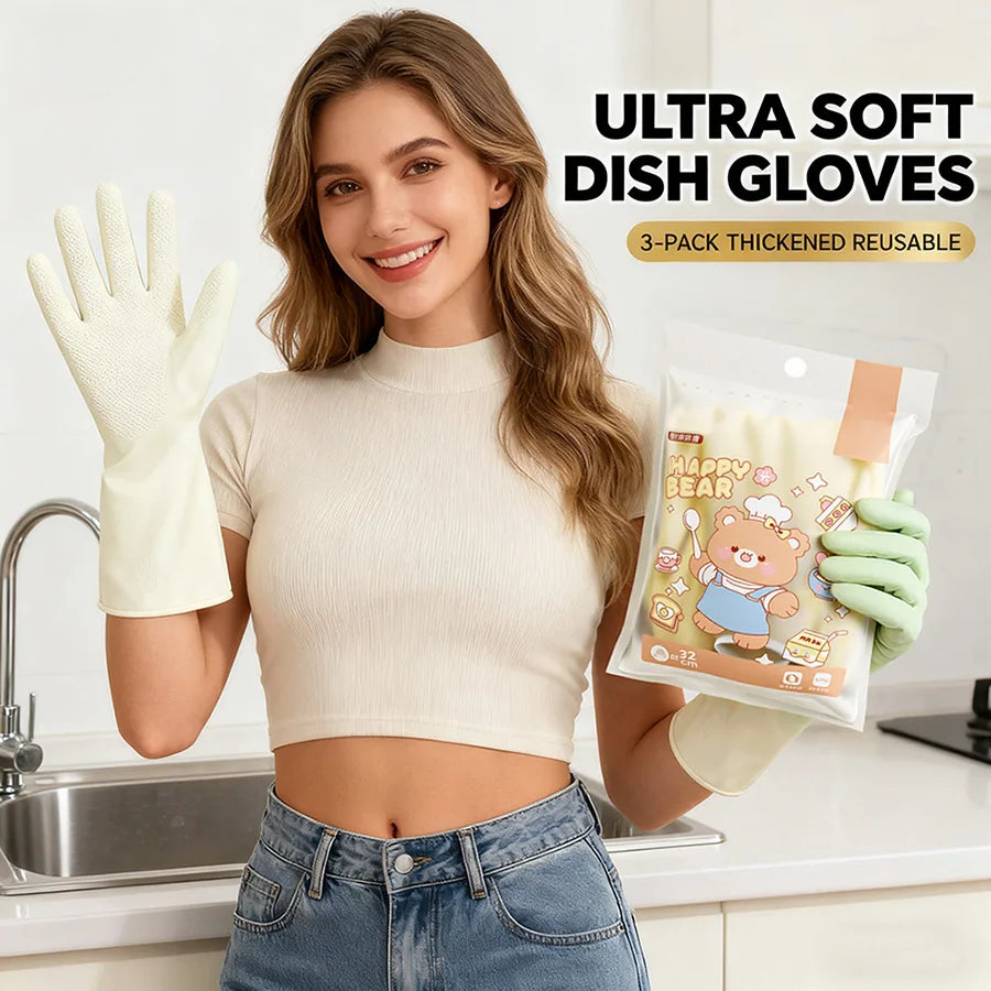 Household Cleaning Gloves 3Pairs Cute Reusable Kitchen Dishwashing Gloves Waterproof Non-Slip Ideal for Dishes Household Chores