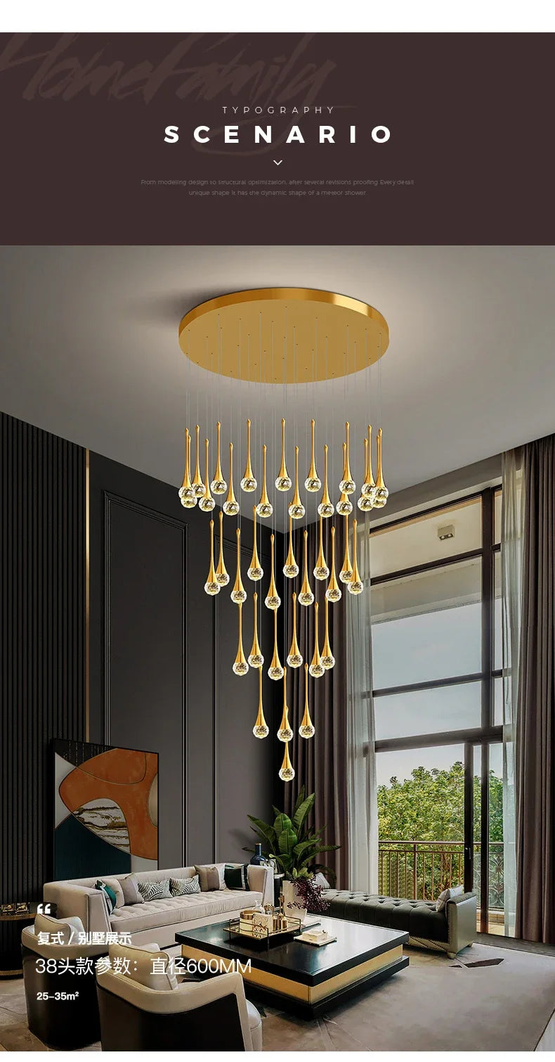 Villa Living Room Hanging Lamp Designer Loft Apartment Hotel Lobby Duplex Chandelier Modern Creative Golden Crystal Chandelier