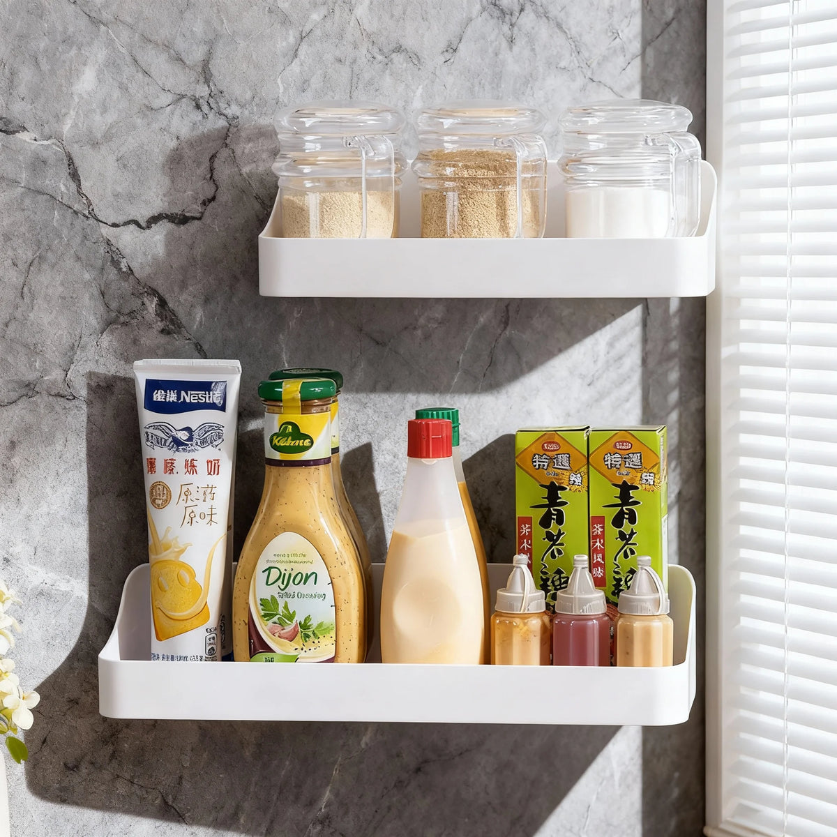 Kitchen Organizer Large Capacity Spice Jar Storage Holder Multifunctional Self-adhesive Wall Mounted Plastic Storage Rack