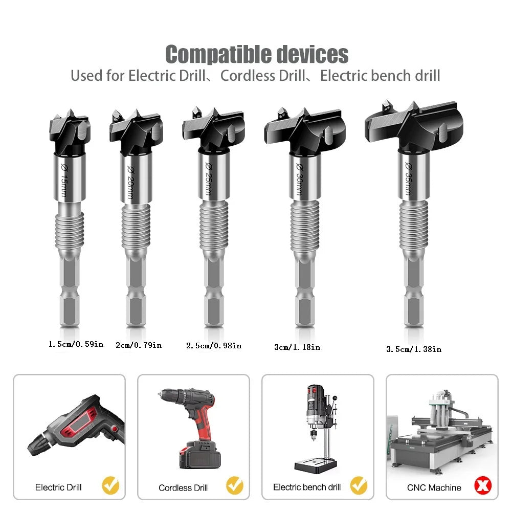 A Set of 10 Woodworking Hole-Making Tools Including Threaded Enlarging Drills and Extended Woodworking Hole-Making Drill Bits