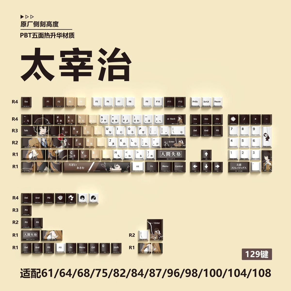 Anime Gaming Keyboard Keycaps 129 Key Set Pbt Material Five-Sided Heat Sublimation Transparent Side-Engraved Mechanical Keyboard