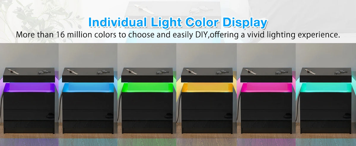Living Room LED Nightstand Black Night Stand Led Lights Modern Nightstand 2 High Gloss Drawers Bedside Table Smart Bedroom