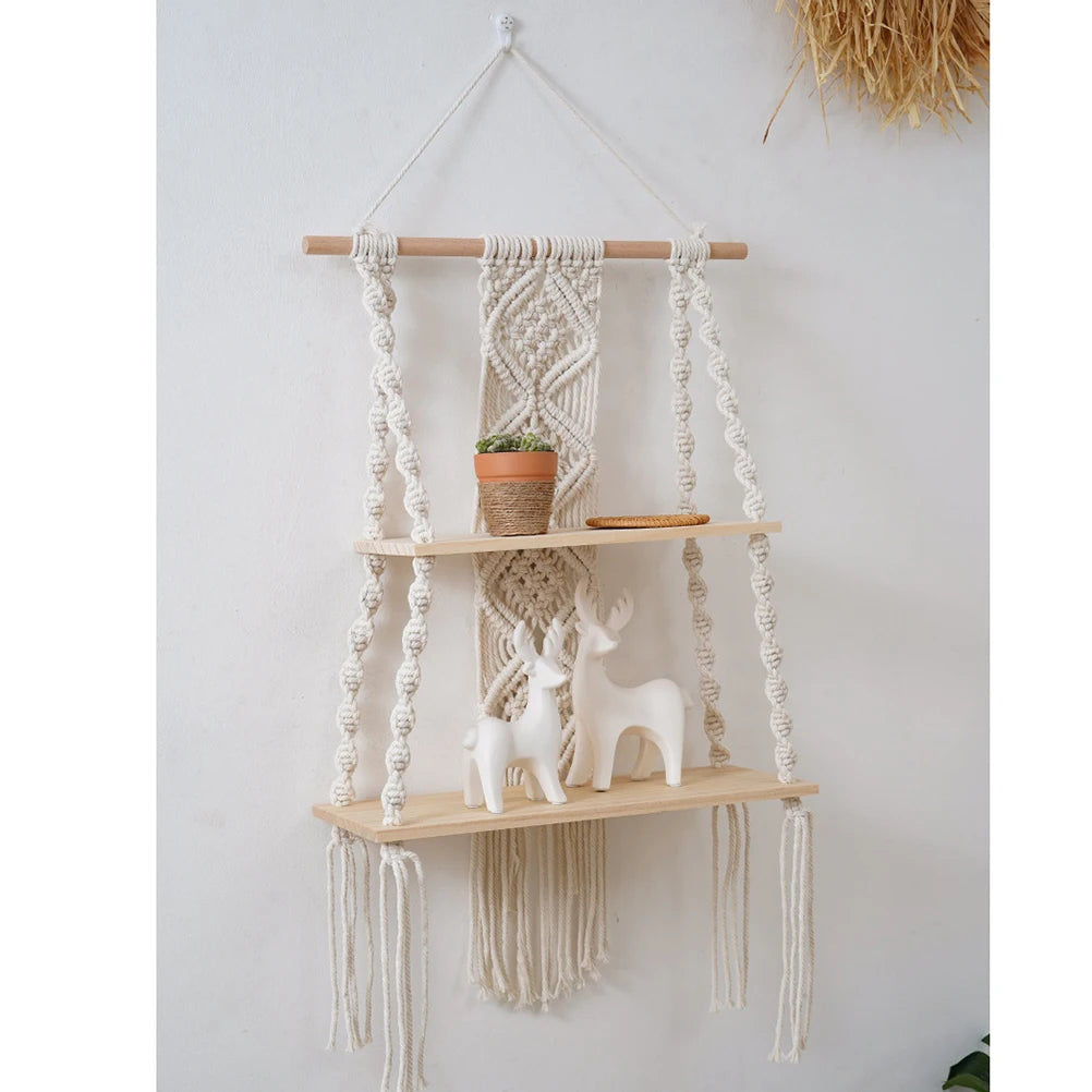 Bohemian Bedroom Decoration Wall Decoration Bohemian Bookshelf Decoration,Woven Rope Floating Wooden Shelves and Plants Storage