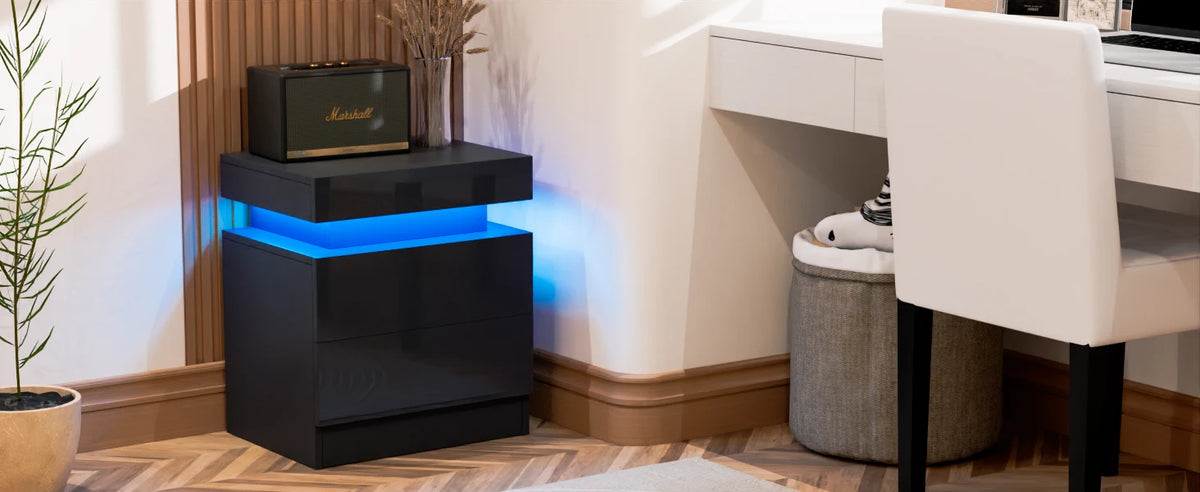 Living Room LED Nightstand Black Night Stand Led Lights Modern Nightstand 2 High Gloss Drawers Bedside Table Smart Bedroom
