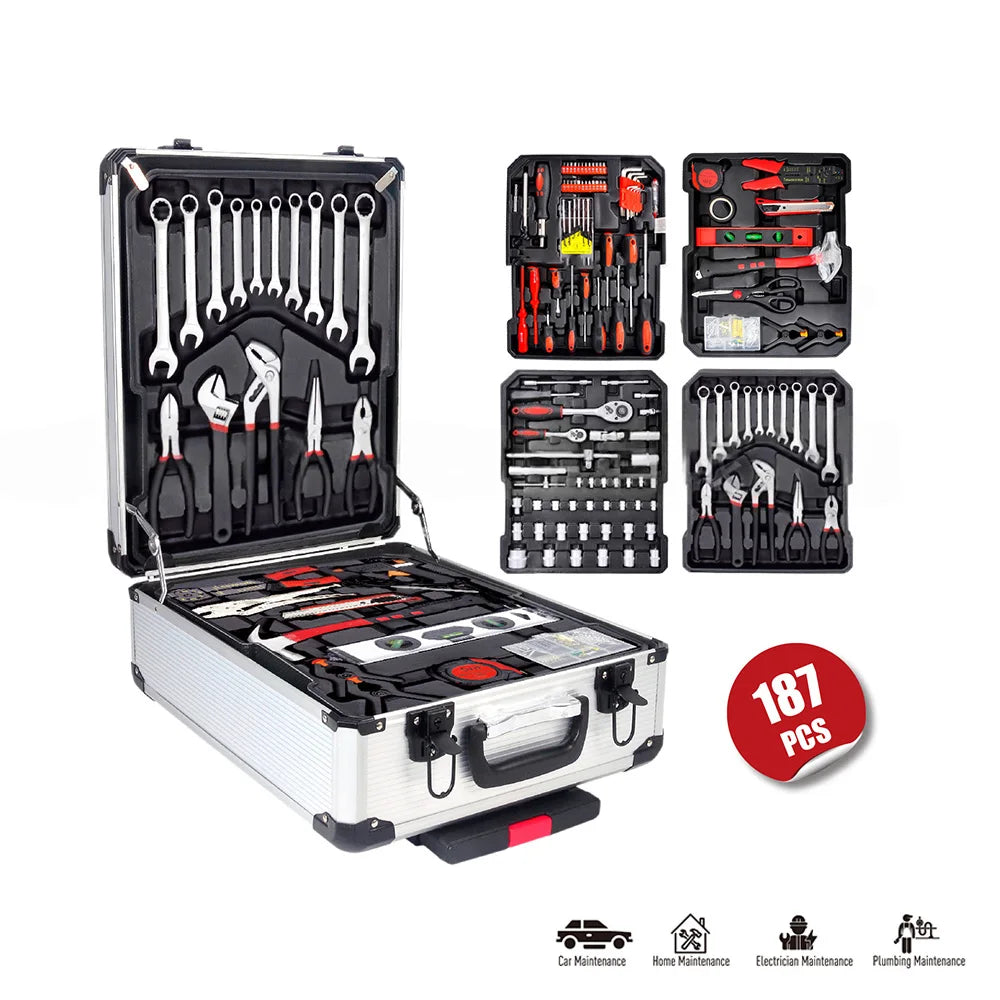 Wheeled Trolley Tool Sets,187Pcs Aluminum Trolley Case Tool Set Silver, Car Mechanics Repair Kit Set, Household Hand Tool Set