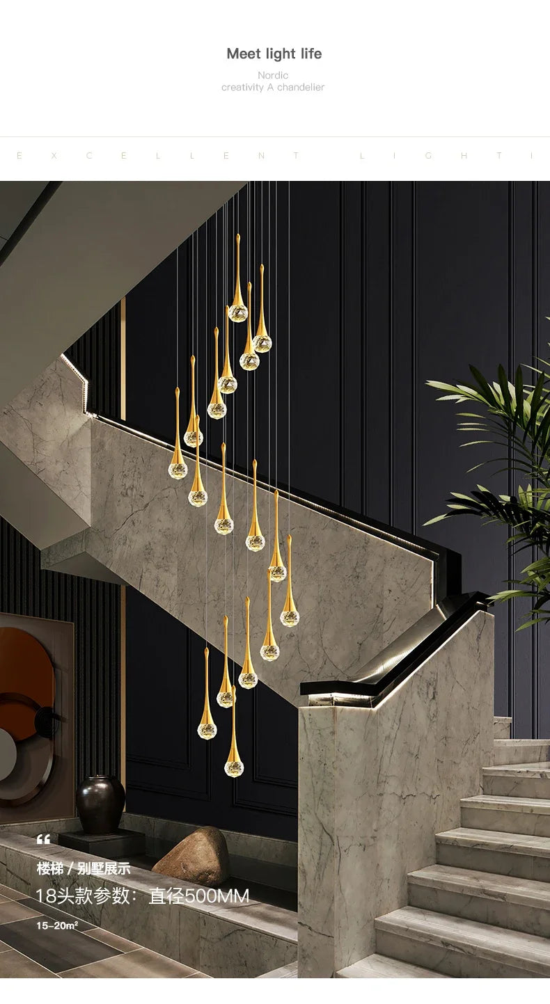 Villa Living Room Hanging Lamp Designer Loft Apartment Hotel Lobby Duplex Chandelier Modern Creative Golden Crystal Chandelier