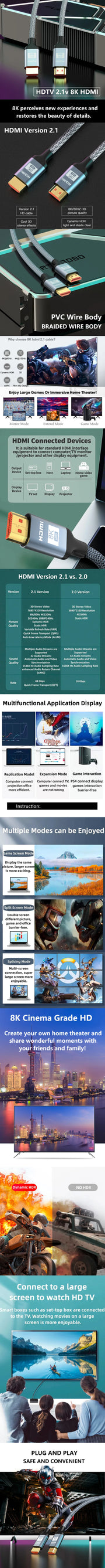 0.5-1.5M HDMI 8K Cable 60HZ 2.1V 4K 144HZ 3D TV High Speed for Computer Monitor Projector PS Game Console Audio And Video