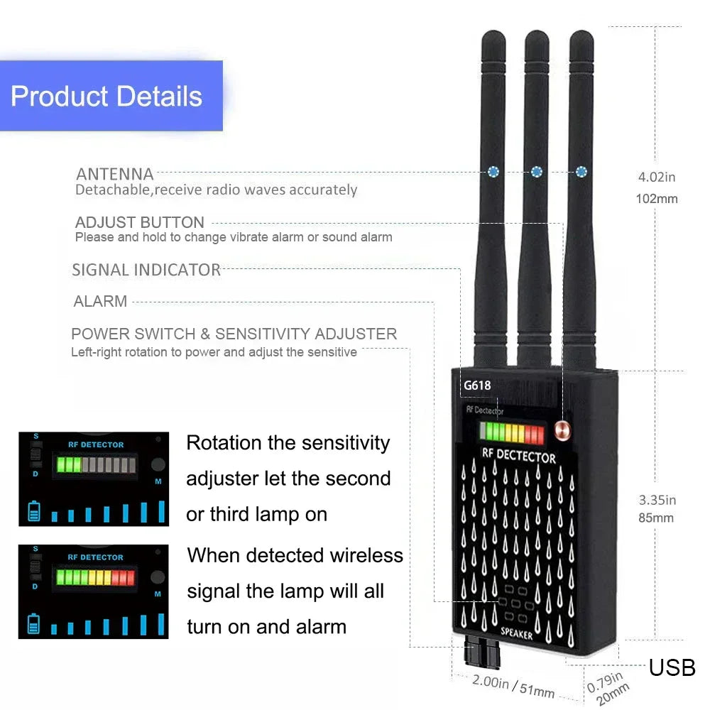 Anti Spy Hidden Camera RF Detector bug Finder GPS Tracker 4G 5G Mobile Signal WiFi bluetooth Scanner Find Out Spy Gadgets Detect