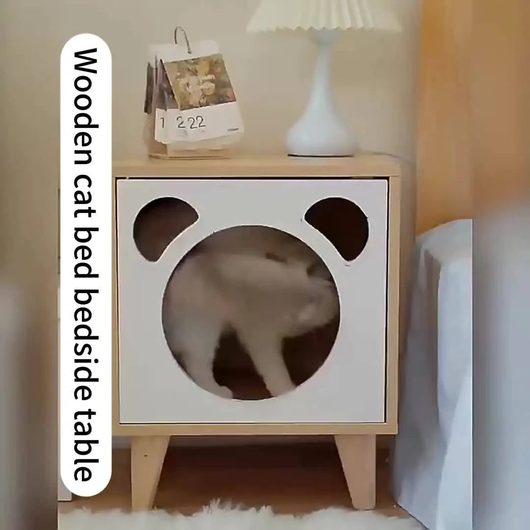 Cat Bed Side Table with Bear Cutout Design, Elevated Wooden Cat House with Cushion, Multi-Functional Nightstand & Pet Bed