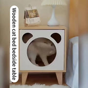 Cat Bed Side Table with Bear Cutout Design, Elevated Wooden Cat House with Cushion, Multi-Functional Nightstand & Pet Bed