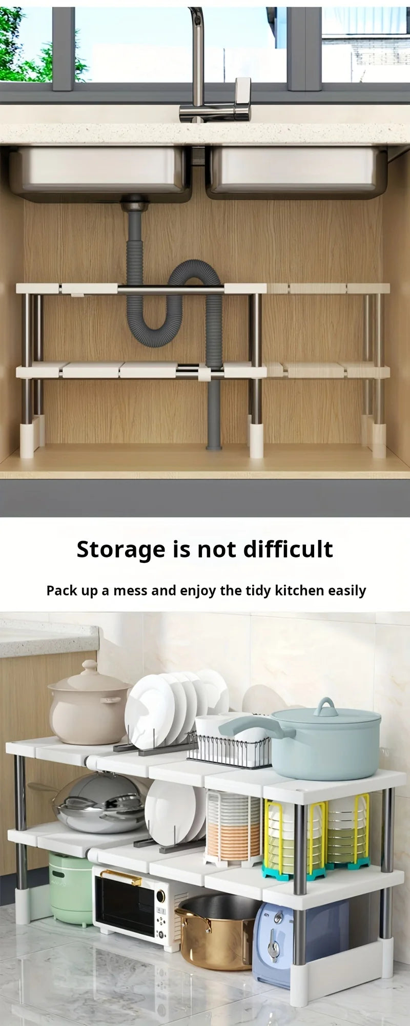 Kitchen Bathroom Cabinet Organizer Durable Multi-Layer Space-Saving Pot Holder Adjustable Under Sink Storage Rack Expandable