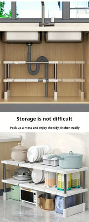 Kitchen Bathroom Cabinet Organizer Durable Multi-Layer Space-Saving Pot Holder Adjustable Under Sink Storage Rack Expandable