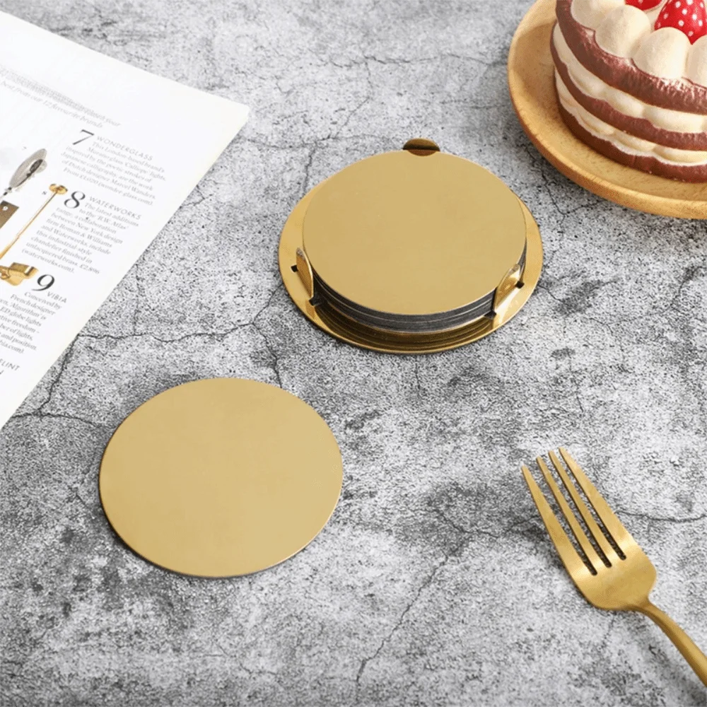 Kitchen Gadgets Round Gold Stainless Steel Coaster Set Mirror-like With Holder Drink Pad Scald-proof Insulated Cup Mat Tabletop