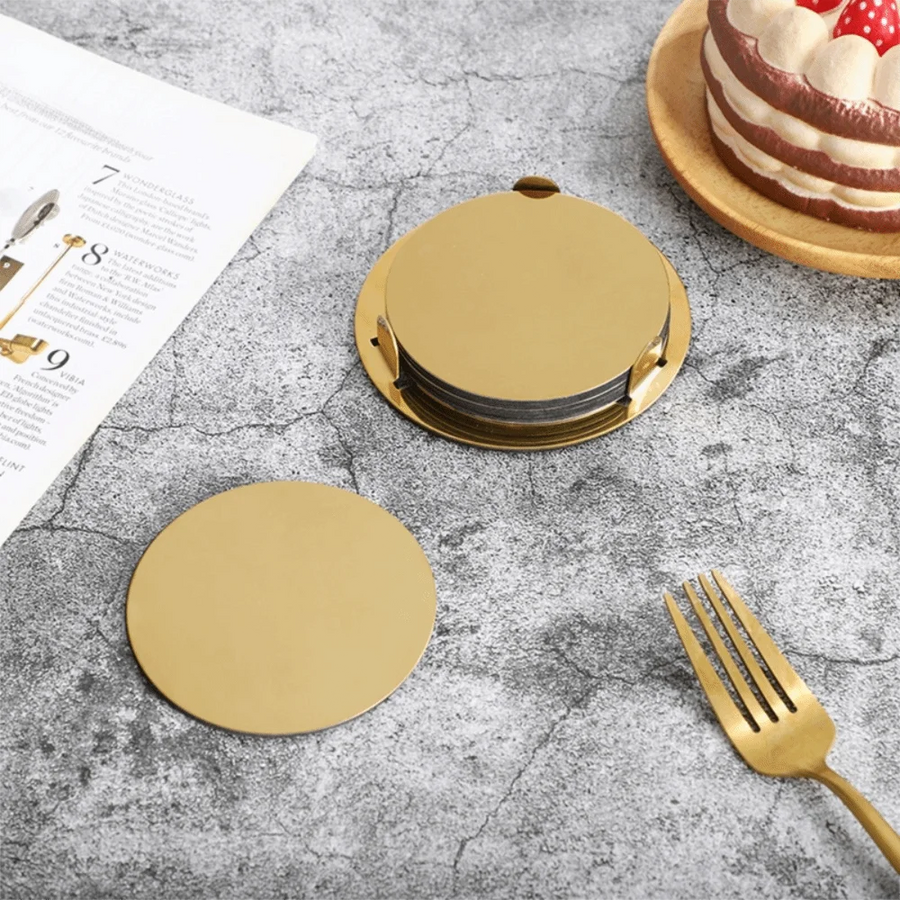 Kitchen Gadgets Round Gold Stainless Steel Coaster Set Mirror-like With Holder Drink Pad Scald-proof Insulated Cup Mat Tabletop