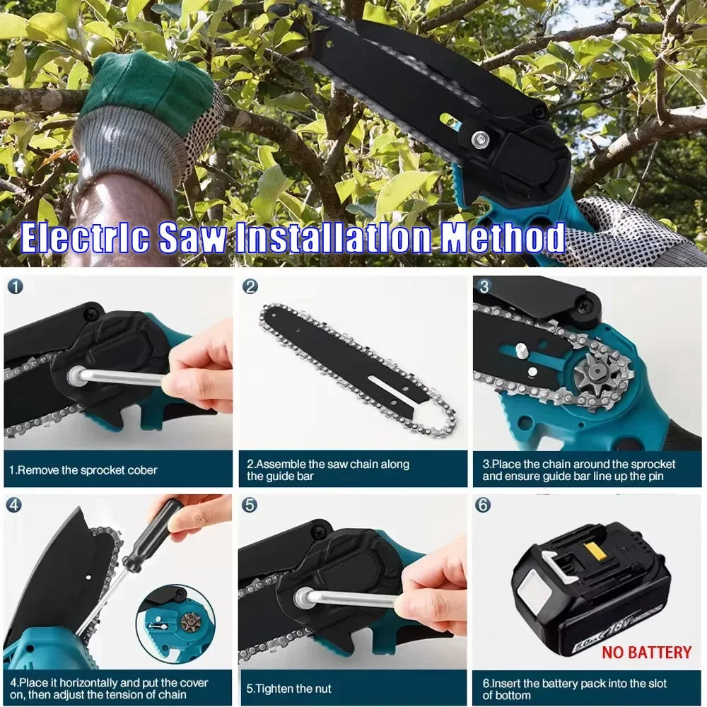 1700RPM 6 Inch Mini Cordless Li-ion Chainsaw One Hand Portable Electric Tree Wood Cutter Pruning Garden Power Tool for Makita