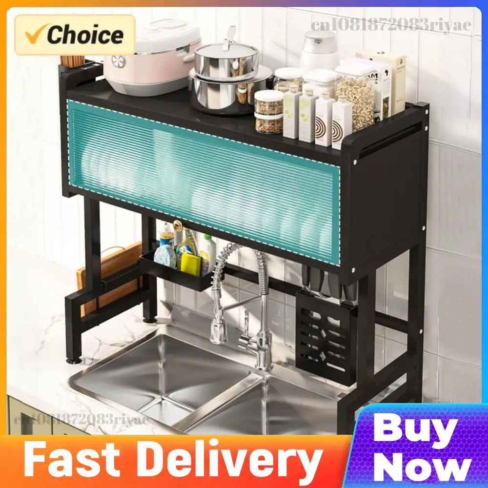 Kitchen Drain Shelf Steel Multi Organizer Cabinet Multi-Functional Kitchen Storage Rack Large Over The Sink Dish Rack with Cover