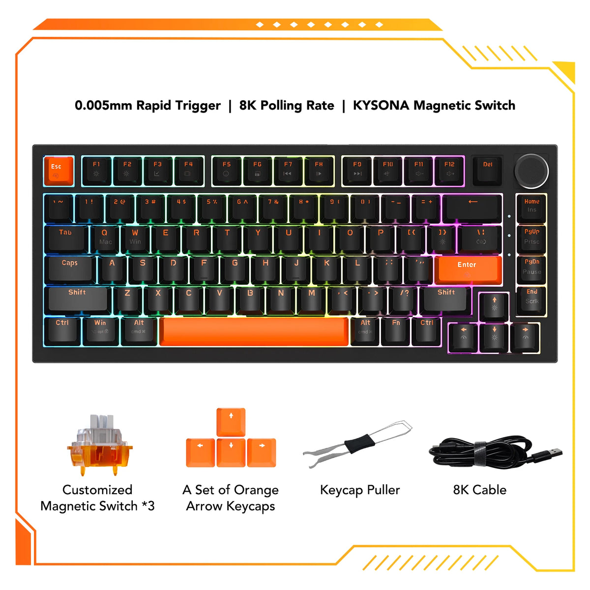 KYSONA KM82 HE Wired Gaming Keyboard Magnetic Switch 75% 82 Key 8000Hz Polling Rate PBT Ultra-Precision 0.005mm RGB For Gamer