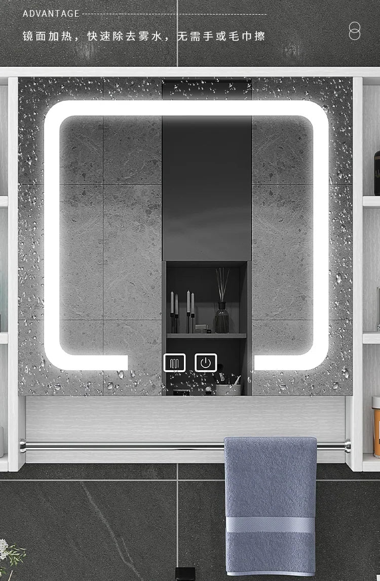 Smart Bathroom Storage Mirror Cabinets with Towel Rod Wall Standing Closet Light Mirror Cabinets Organizador Bathroom Furniture