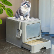 Cat Litter - Box With Scoop, Large Foldable Litter Box With Lid, Front Entry Top Exit Kitty Box, Odor Control