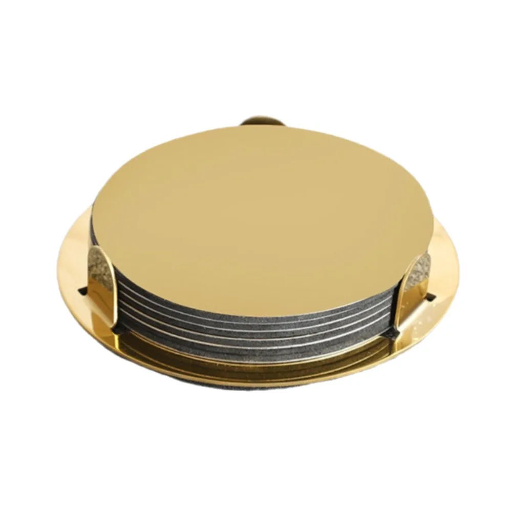 Kitchen Gadgets Round Gold Stainless Steel Coaster Set Mirror-like With Holder Drink Pad Scald-proof Insulated Cup Mat Tabletop