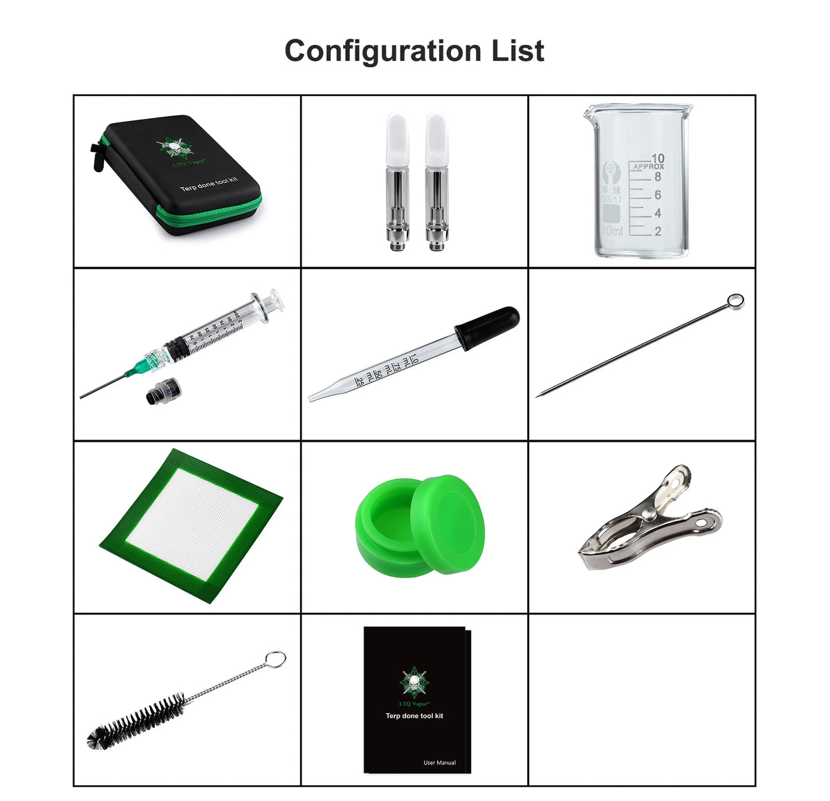 Original LTQ Tool Kit Stainless steel tool 10ml Glass beaker Brush Dropper Beaker Syrince DIY Terp done Tool Set