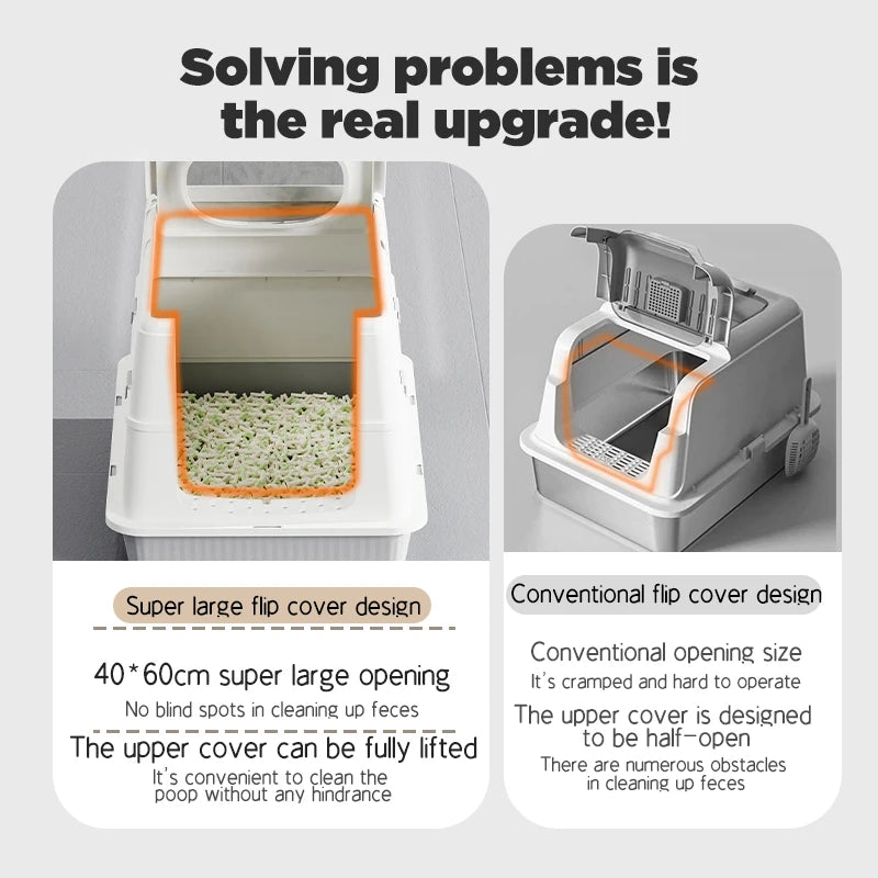 Fully Enclosed Large Flip-Top Cat Litter Box High-Sided Covered Design, Splash-Proof and Litter-Tracking Preventive Cat Toilet