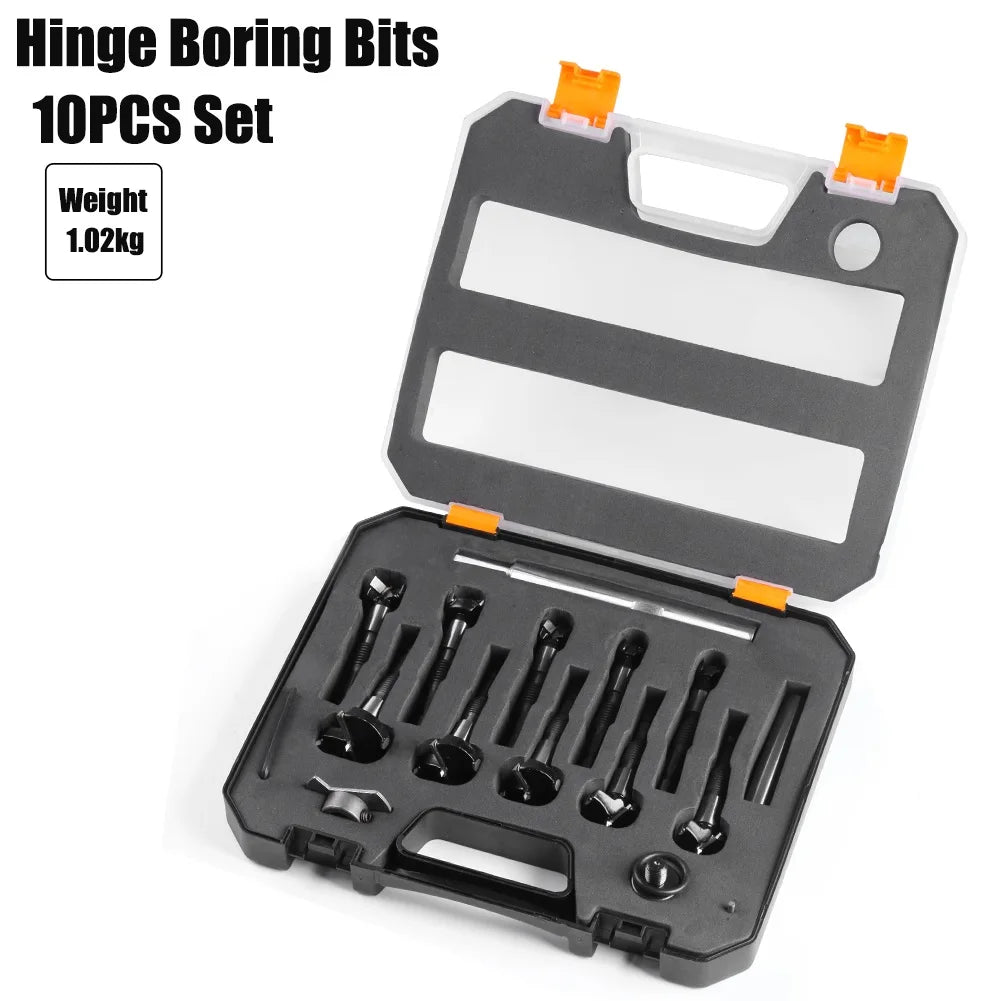 A Set of 10 Woodworking Hole-Making Tools Including Threaded Enlarging Drills and Extended Woodworking Hole-Making Drill Bits