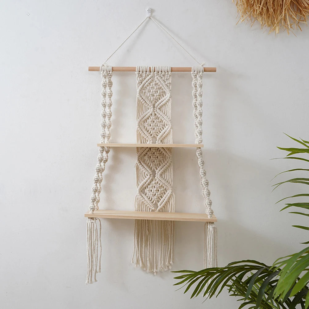 Bohemian Bedroom Decoration Wall Decoration Bohemian Bookshelf Decoration,Woven Rope Floating Wooden Shelves and Plants Storage